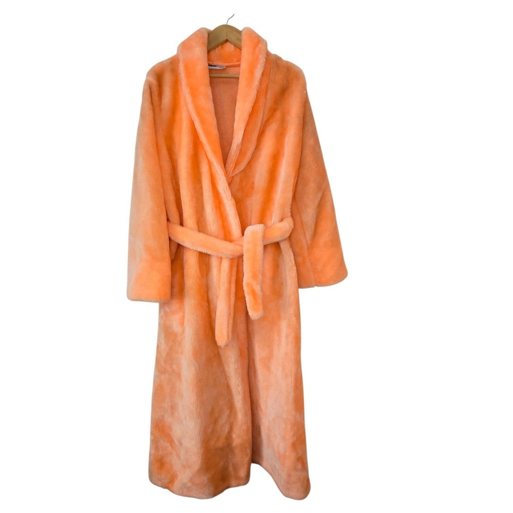 Vintage Borg Plush Robe Womens M 12/14 Peach Faux Fur Belted NWT Made USA